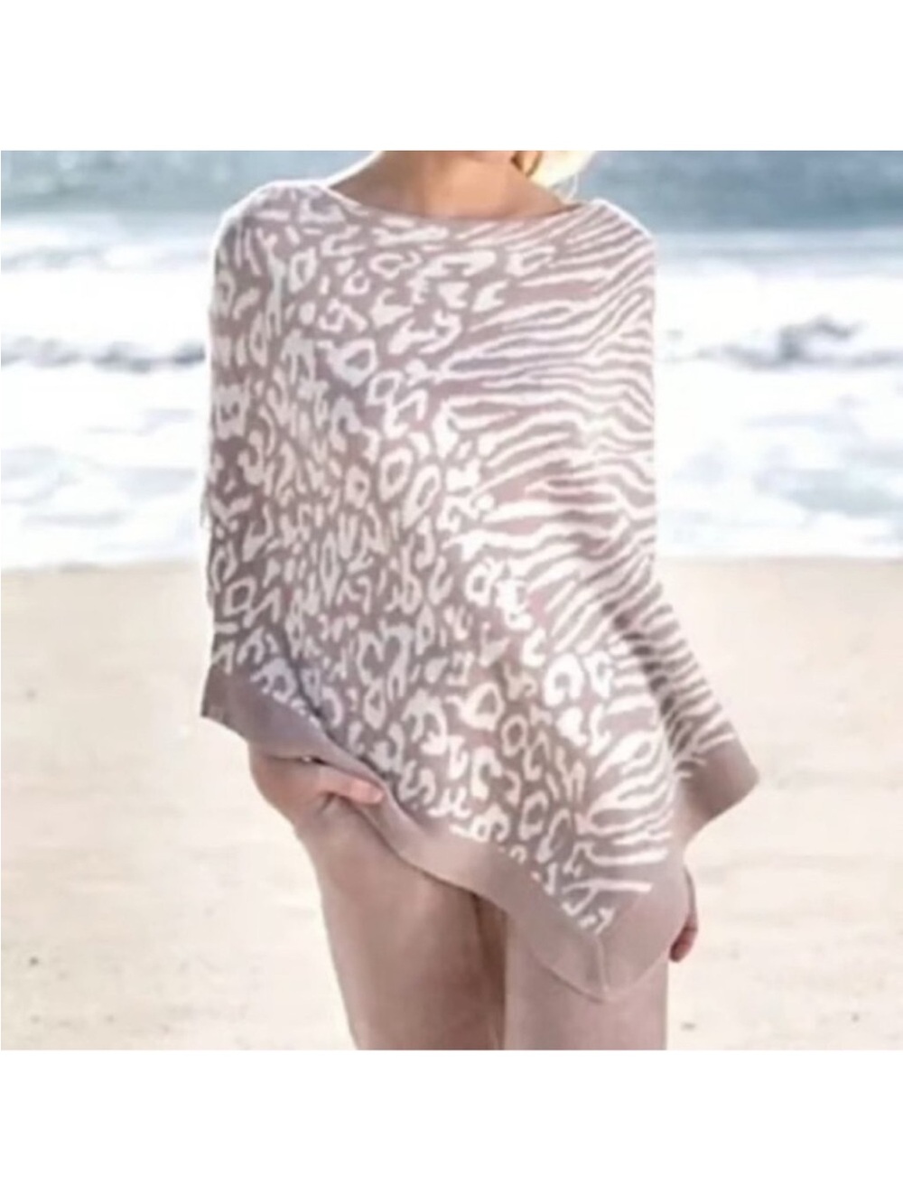 Women’s Cream & Taupe Animal Print Poncho Sweater